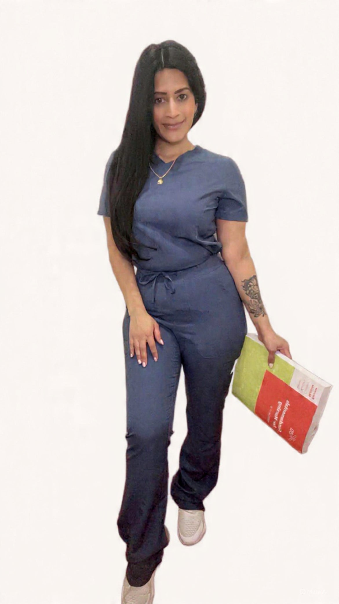 Chic Denim Blue Scrub Set with V-Neck & Wide-Leg Pants