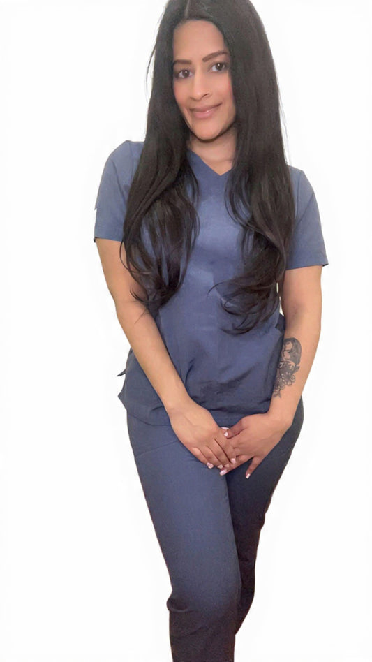 Chic Denim Blue Scrub Set with V-Neck & Wide-Leg Pants