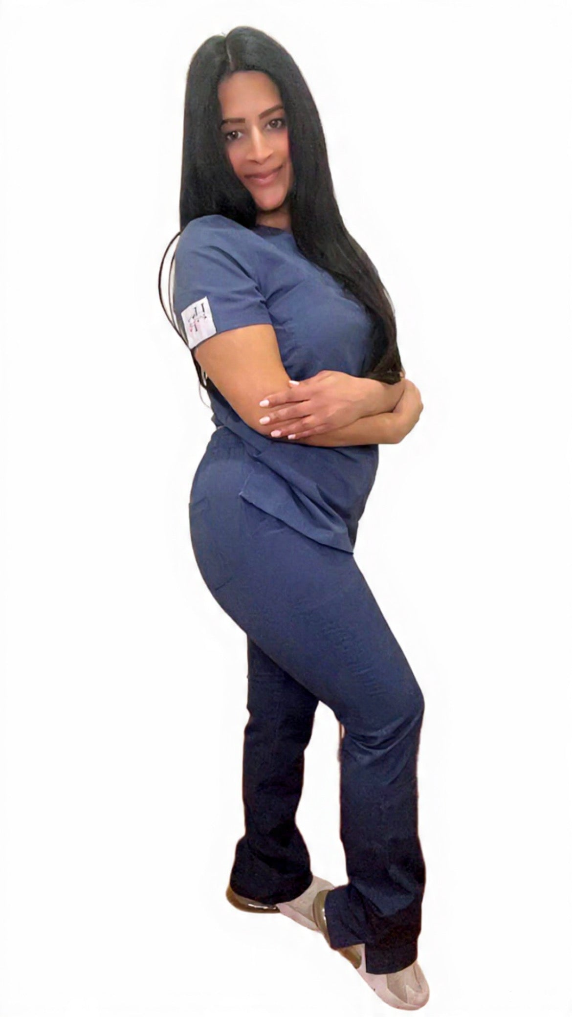 Chic Denim Blue Scrub Set with V-Neck & Wide-Leg Pants